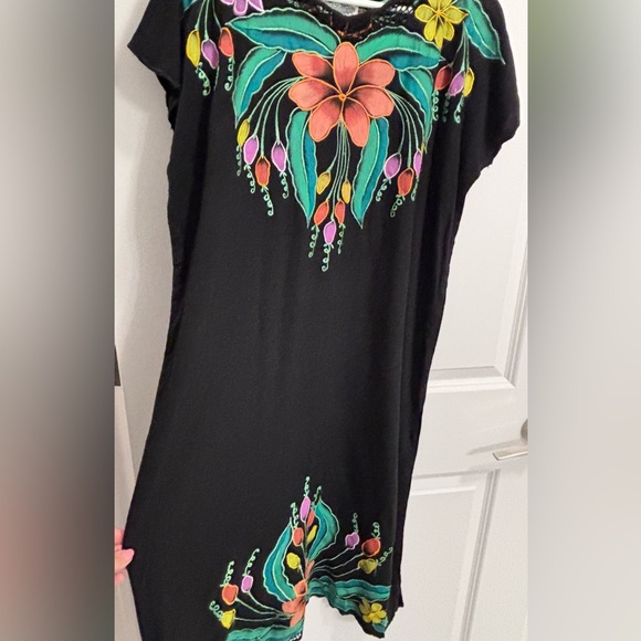 Bali Moon Floral Flowy Black Shift Dress  embroidered trim flowers - Picture 5 of 8